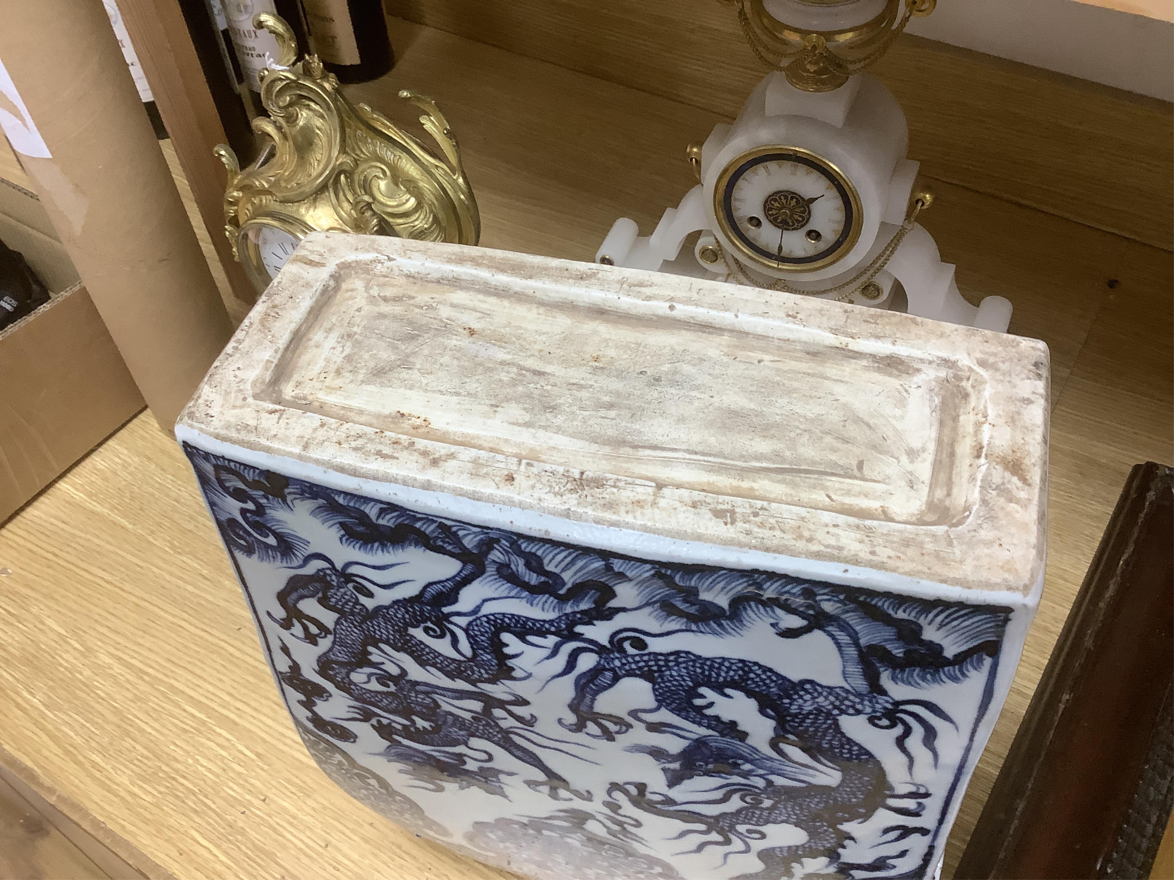 A large Chinese blue and white dragon flask, 39cm high. Condition - good